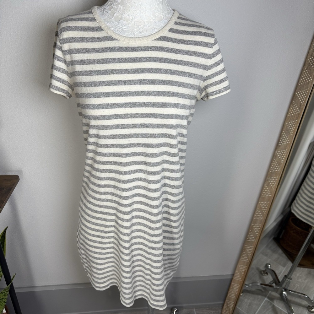 Madewell Women M Gray Striped T-Shirt Dress Coastal Casual Cotton Linen Blend